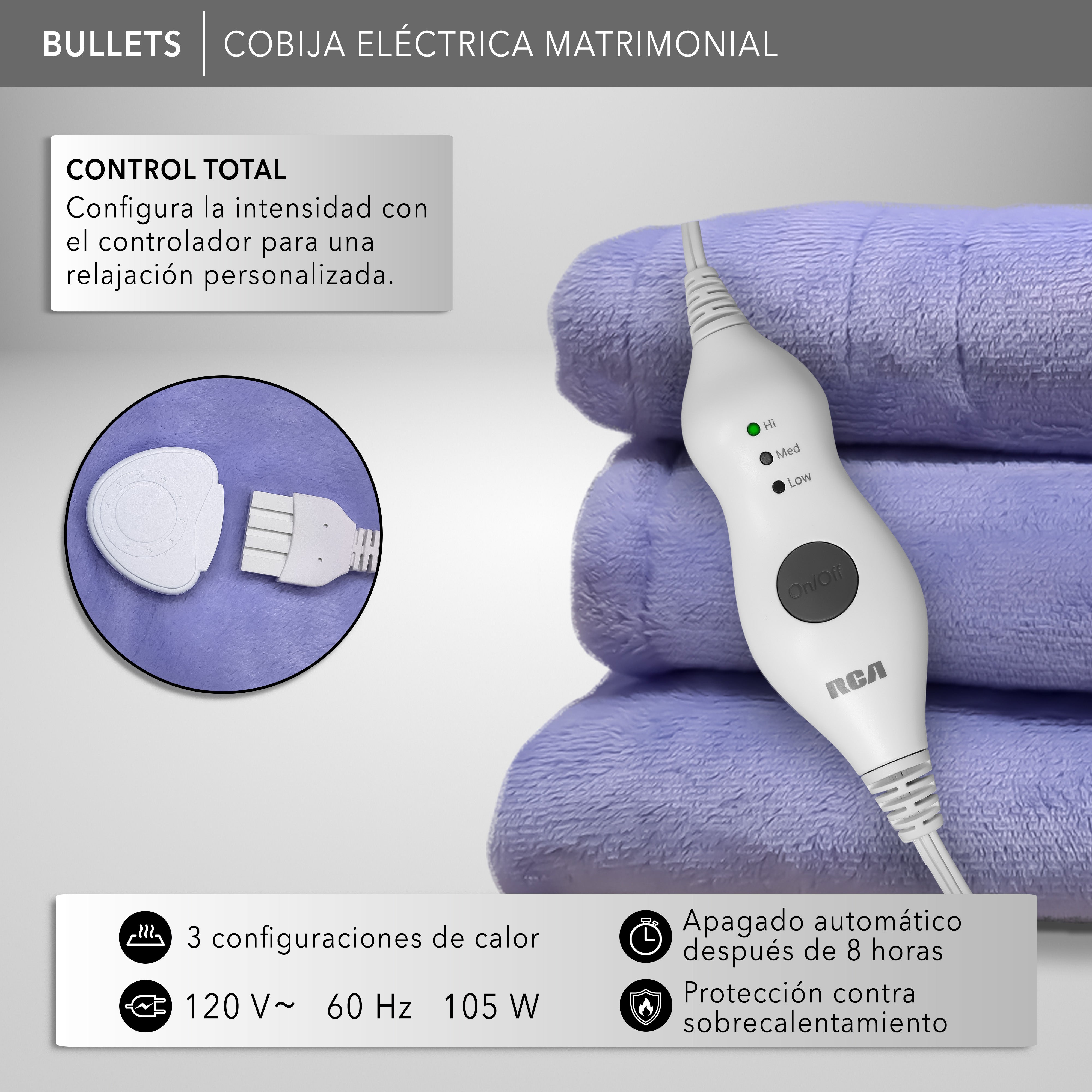 RCA Cobija Eléctrica RC-CO2L Matrimonial 216 x 191 cm, 3 Niveles Lila