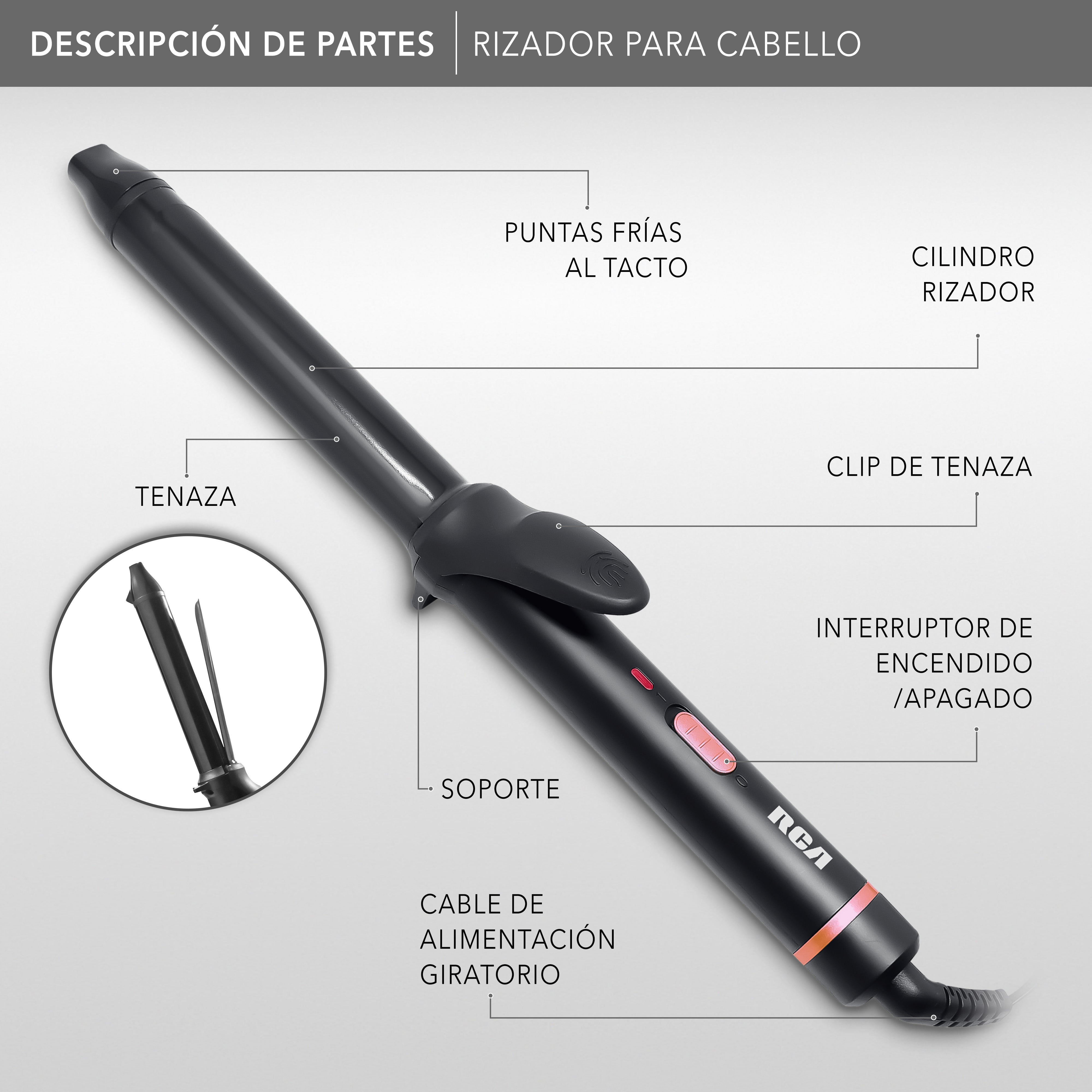 Rca Rizador De Cabello Rc-p9n Con Barril De Cerámica Negro Negro
