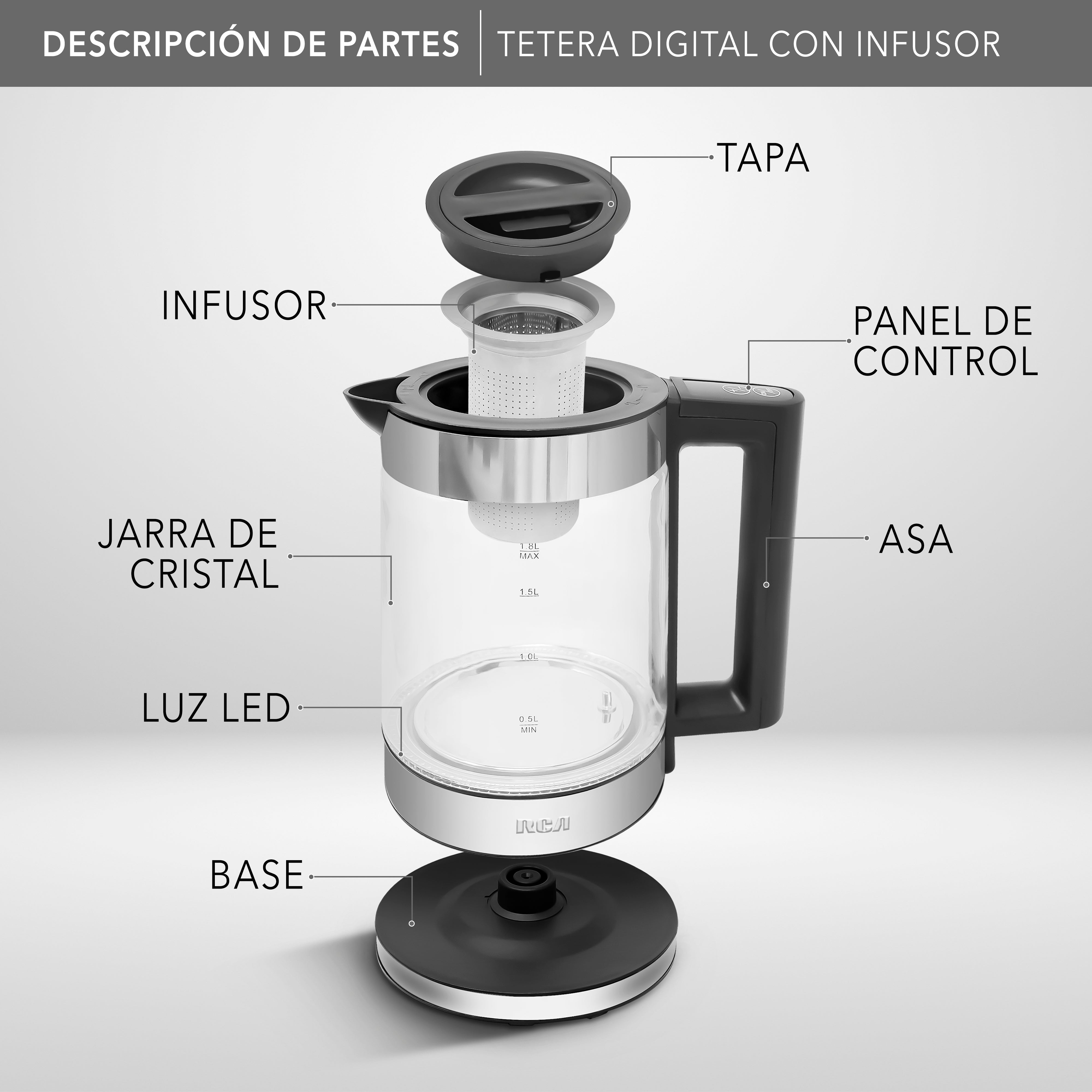 Rca Tetera Eléctrica Digital Con Infusor Rc-330 Color Negro