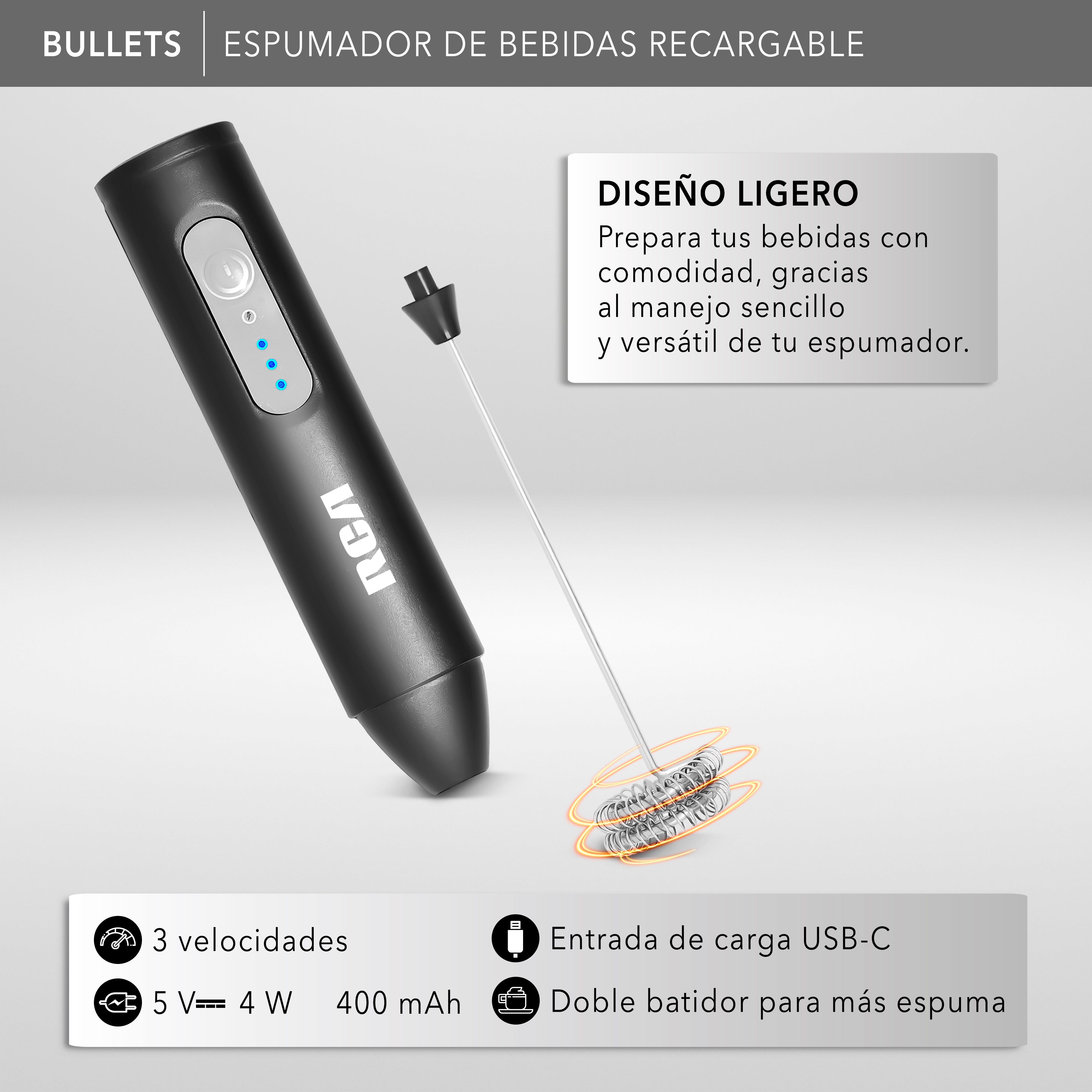 Rca Espumador Eléctrico Recargable De Acero Inoxidable Negro rc-60