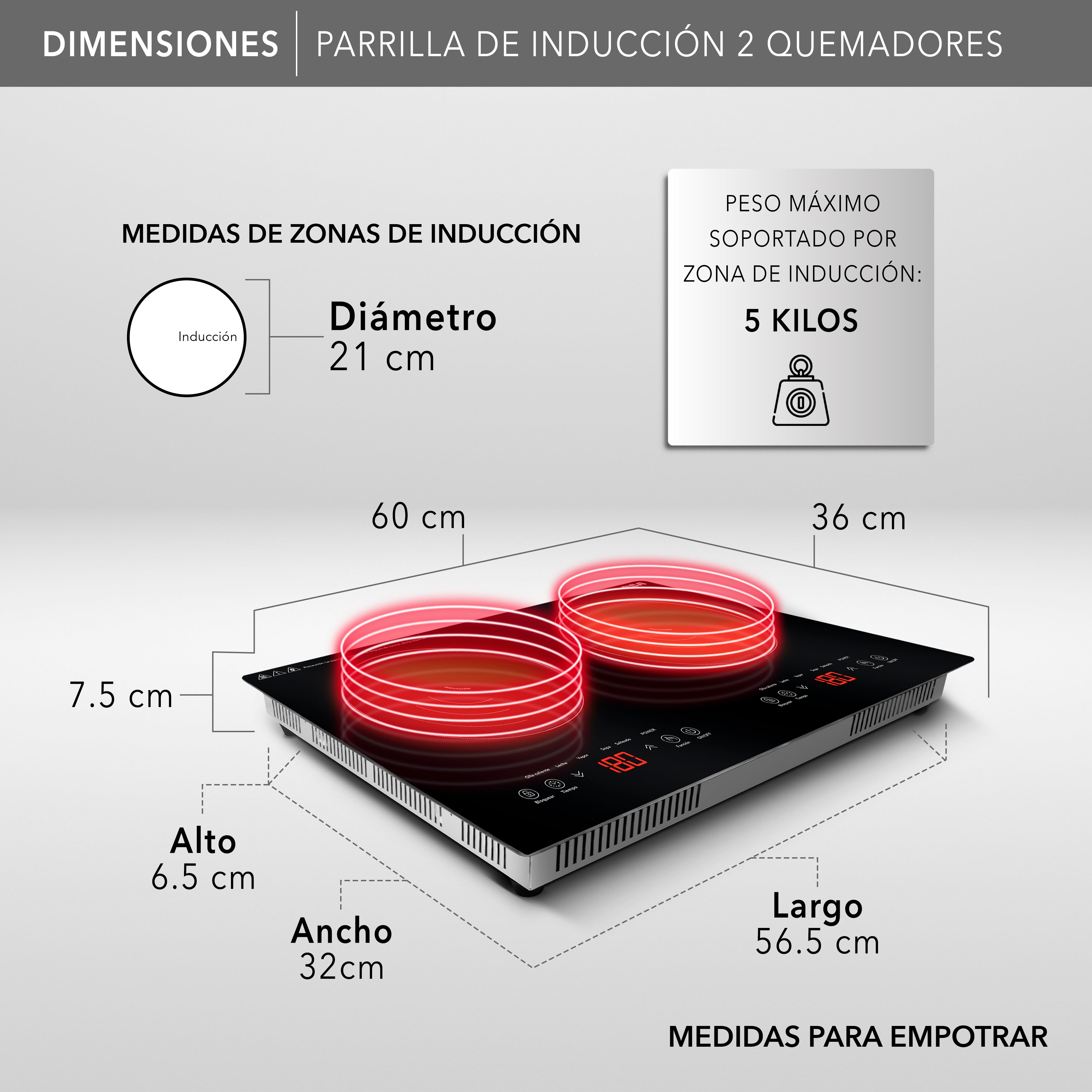 Parrilla De Inducción Empotrable 2 Quemadores Rc-12e2 Color Negro