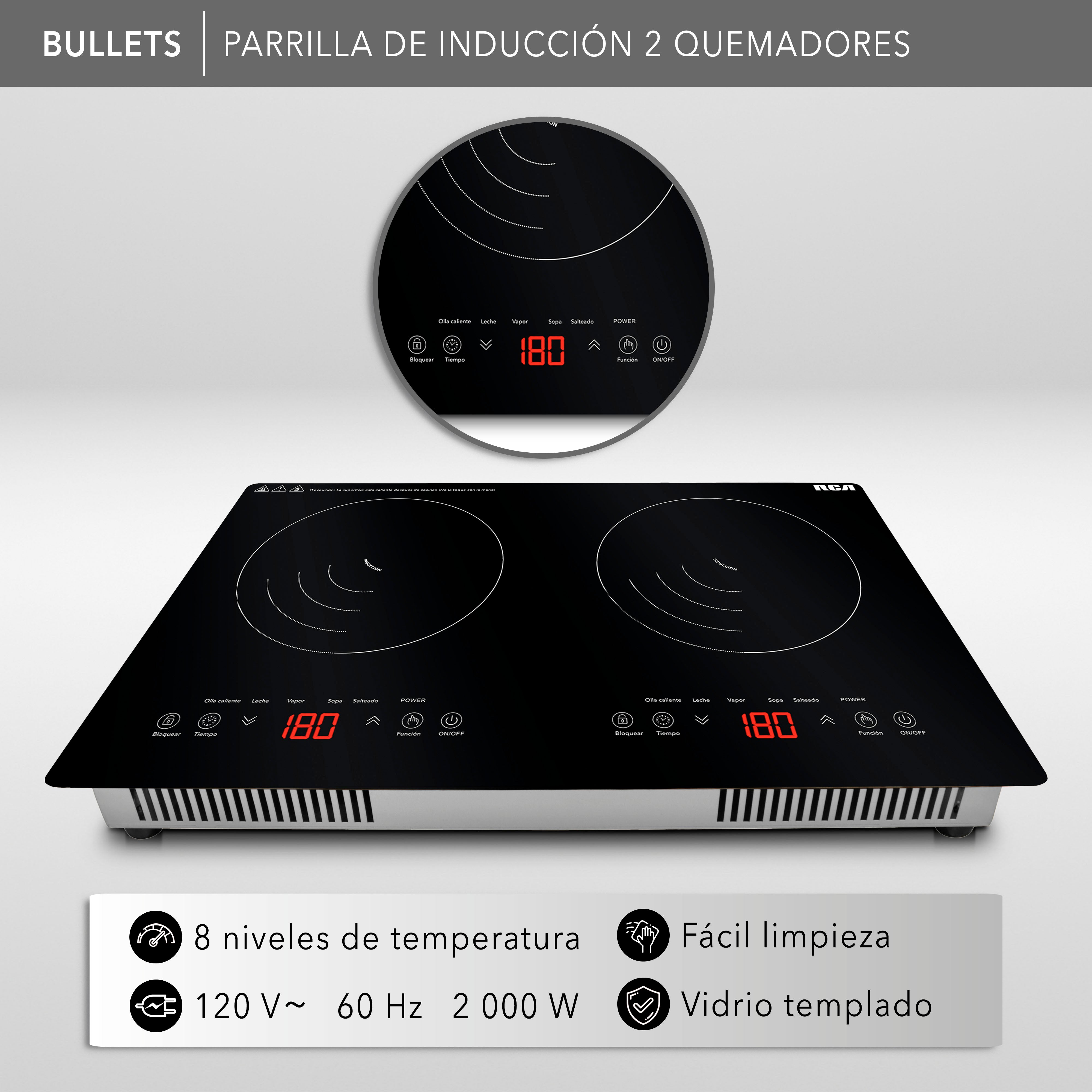 Parrilla De Inducción Empotrable 2 Quemadores Rc-12e2 Color Negro