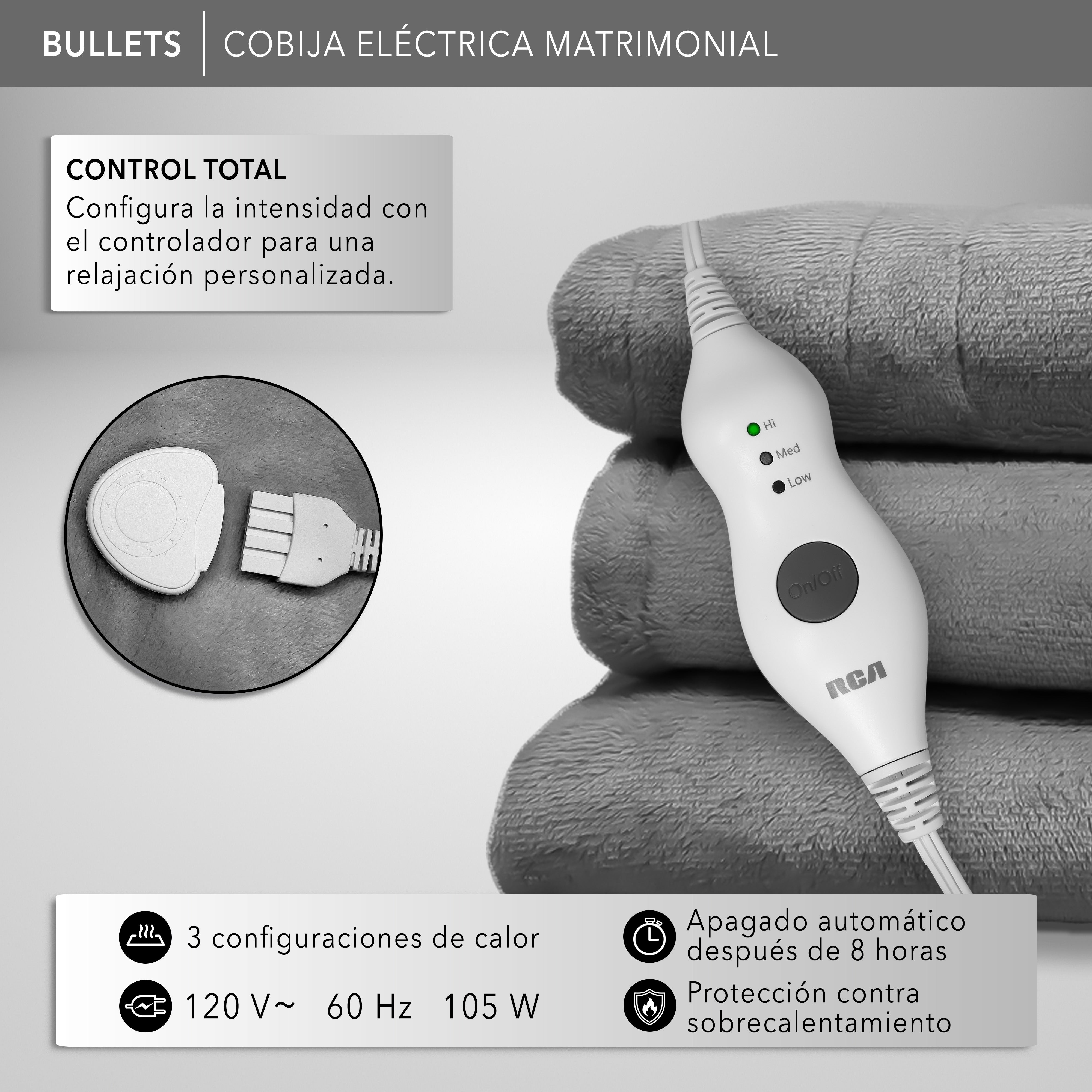 RCA Cobija Eléctrica RC-CO2 Matrimonial 216 x 191 cm, 3 Niveles Gris.